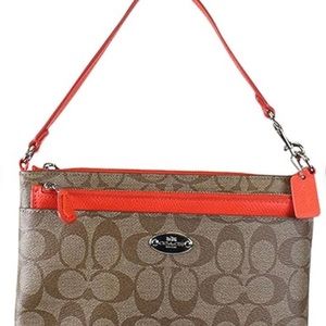 Vintage Coach Signature PVC Pop Pouch Wristlet (Khaki/Coral)